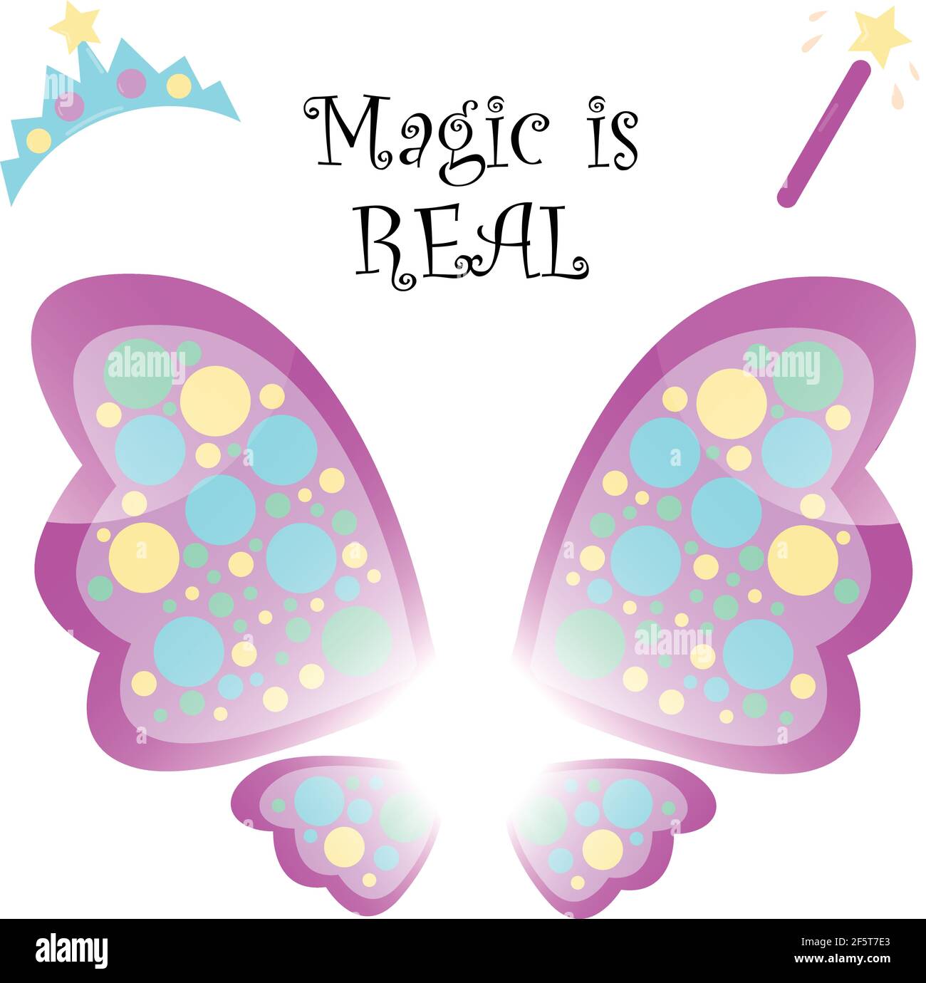 Magic ist ein echter Poster- T Shirt Print - rosa glänzende Feenflügel, Zauberstab und Krone Stock Vektor