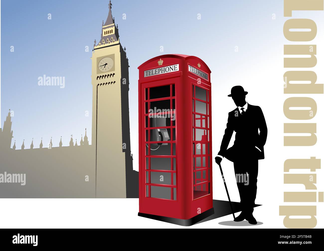 London-Bild mit Herren Silhouette und rote Telefonbox. Farbige Vektor-3D-Abbildung Stock Vektor