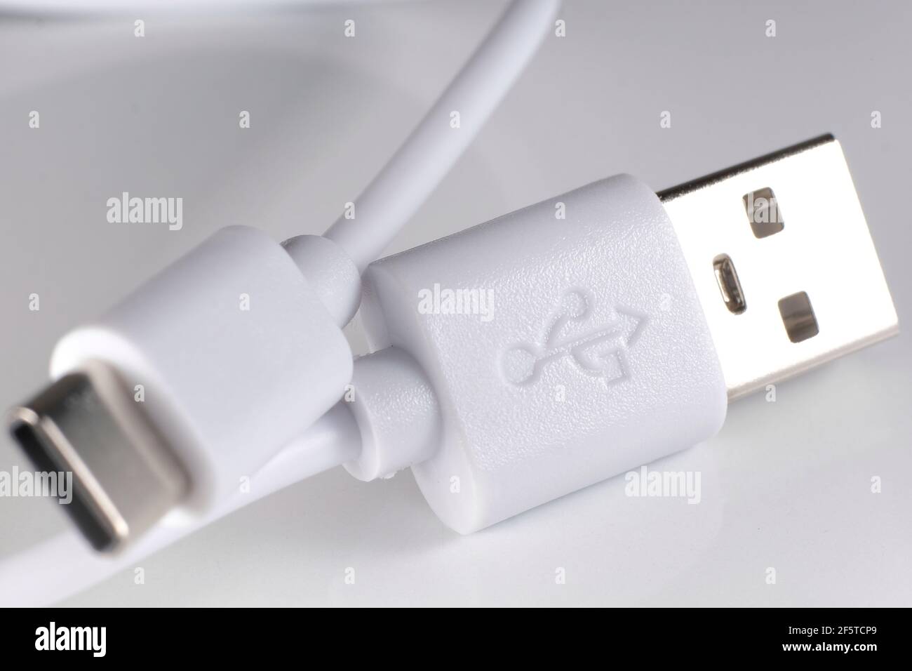 Extreme Nahaufnahme eines weißen USB-C-Kabels auf einem Weißer Hintergrund Stockfoto
