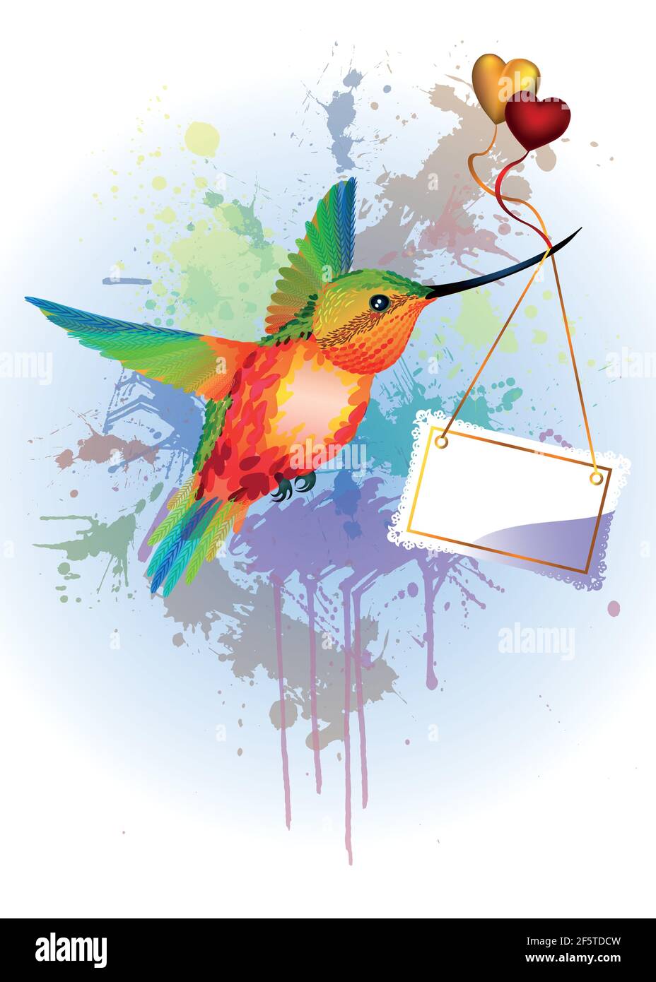 Regenbogen-Brummvogel mit Karte für Text und Herzen Stock Vektor