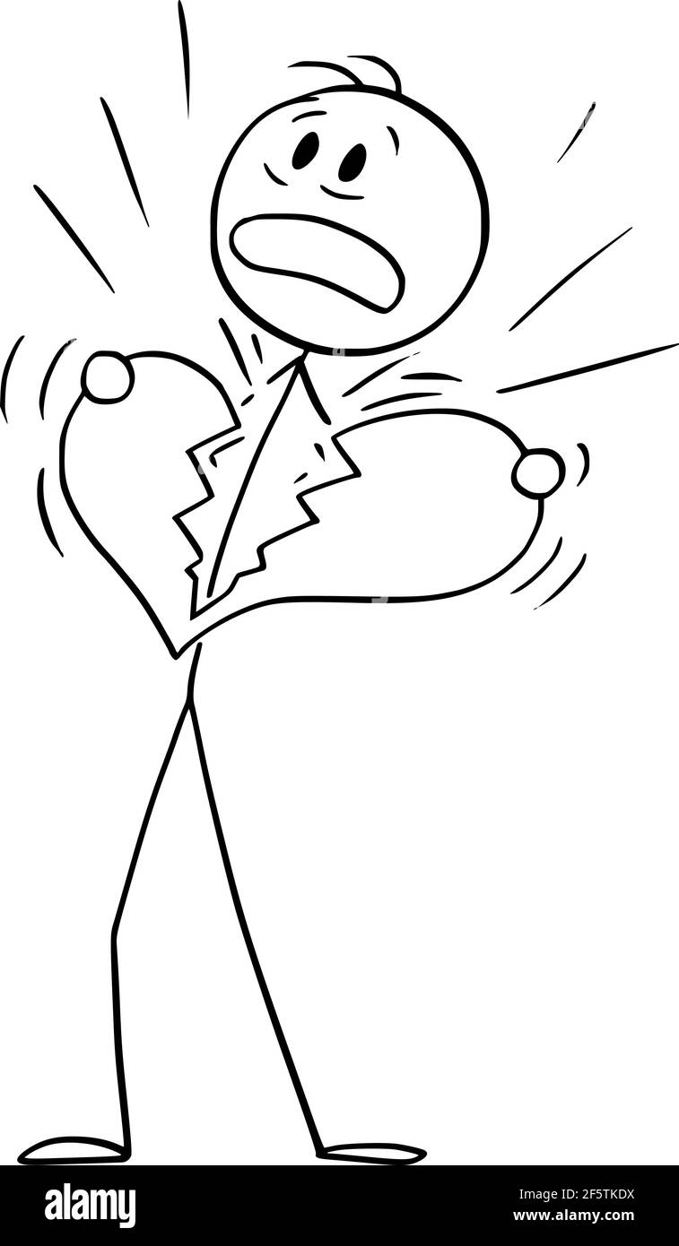 Mann mit gebrochenem Herzen oder Koronarherzangriff, Vektor Cartoon Stick Abbildung Stock Vektor