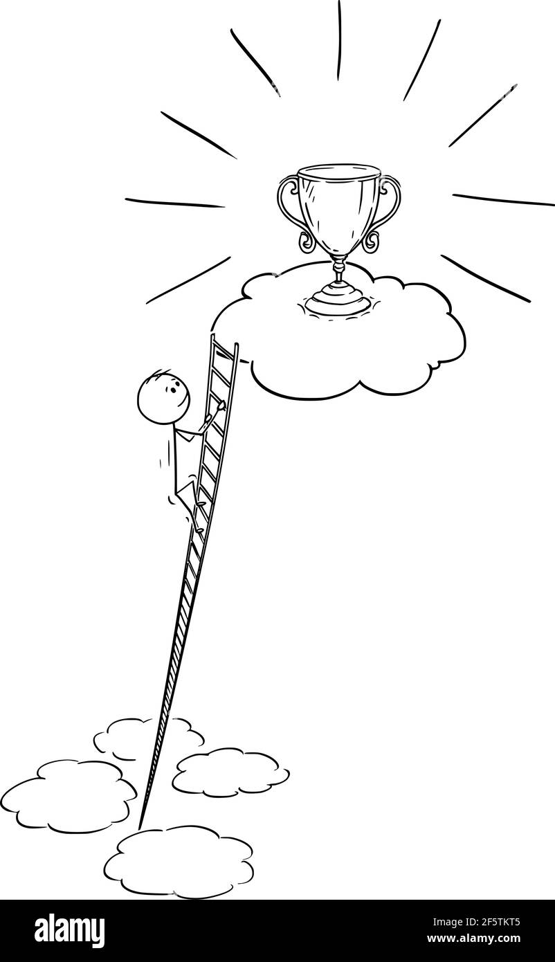 Mann kletternde Leiter, um Sieg, Karriere oder Erfolg zu verdienen, Vektor Cartoon Stick Abbildung Stock Vektor