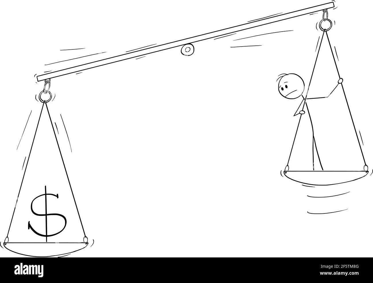 Geld und Person im Maßstab, Human Capital Konzept, Vektor Cartoon Stick Figur Illustration Stock Vektor