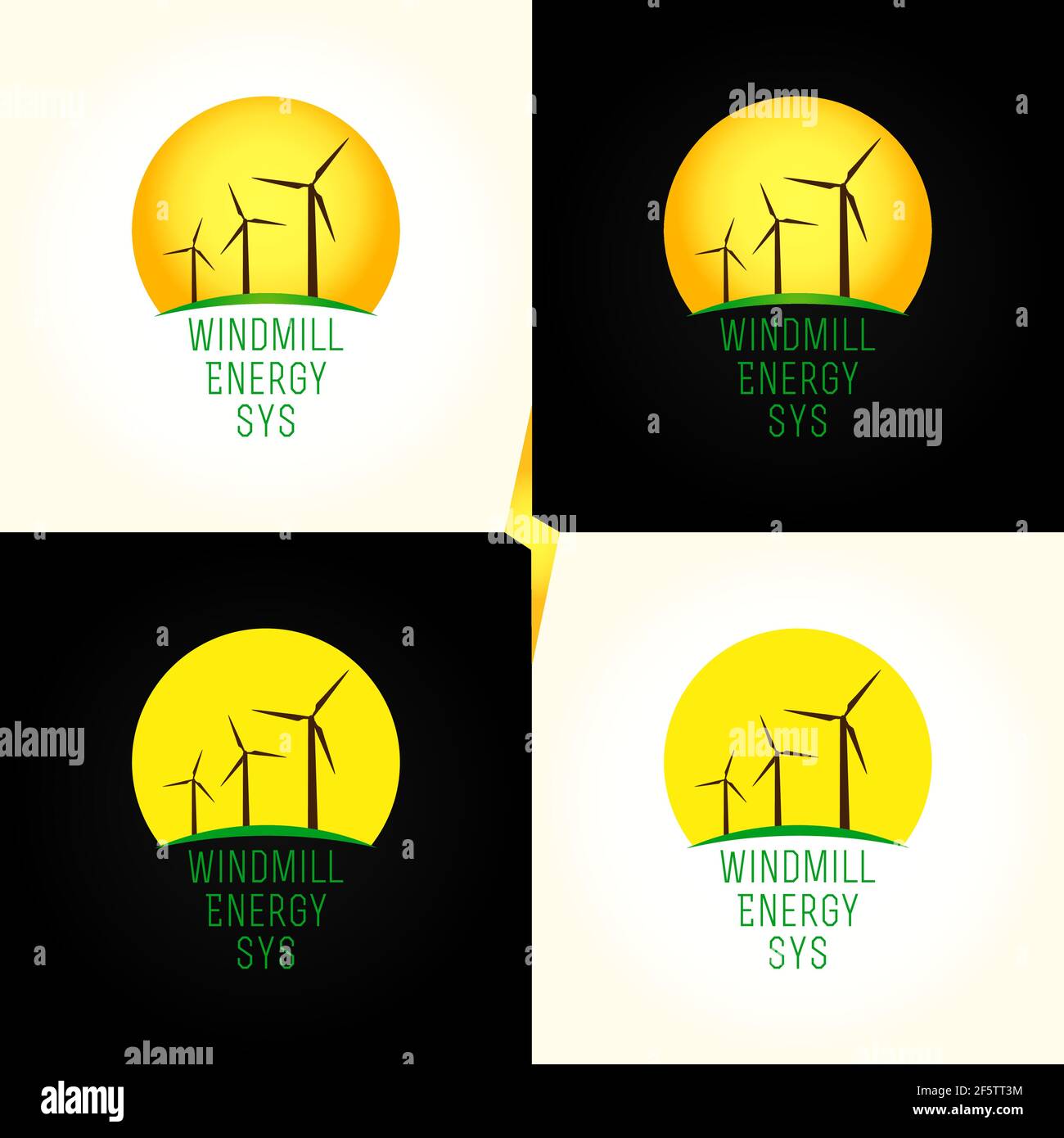 Logo des grünen Energiesystems. Elektrisches, umweltgereinigtes, industrielles Markenkonzept. Windmühlen, Turbinen im Sonnenuntergang. Isoliertes Branding-Logo Stock Vektor