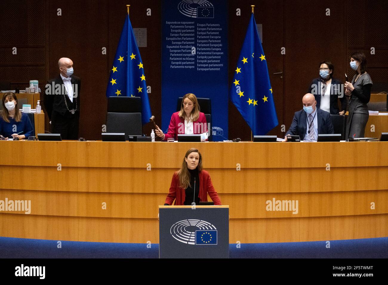 Plenarsitzung des Europäischen Parlaments. Brüssel am 25/03/2021. Photographie von Martin Bertrand. Session pleniere au Parlament Europa. Brüssel l Stockfoto