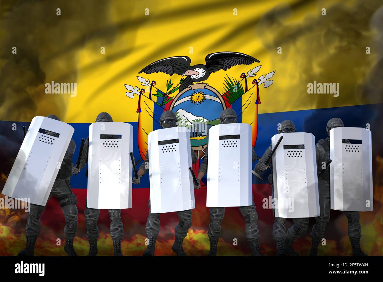 Ecuador Polizeieinheit in starkem Rauch und Feuer schützendes Land gegen Aufruhr - Protestkampfkonzept, Militär 3D Illustration auf Flaggenhintergrund Stockfoto