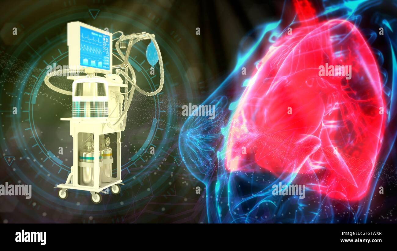 Menschliche Lungen und medizinisches Beatmungsgerät auf der Intensivstation, abbildung cg Healthcare 3D Stockfoto
