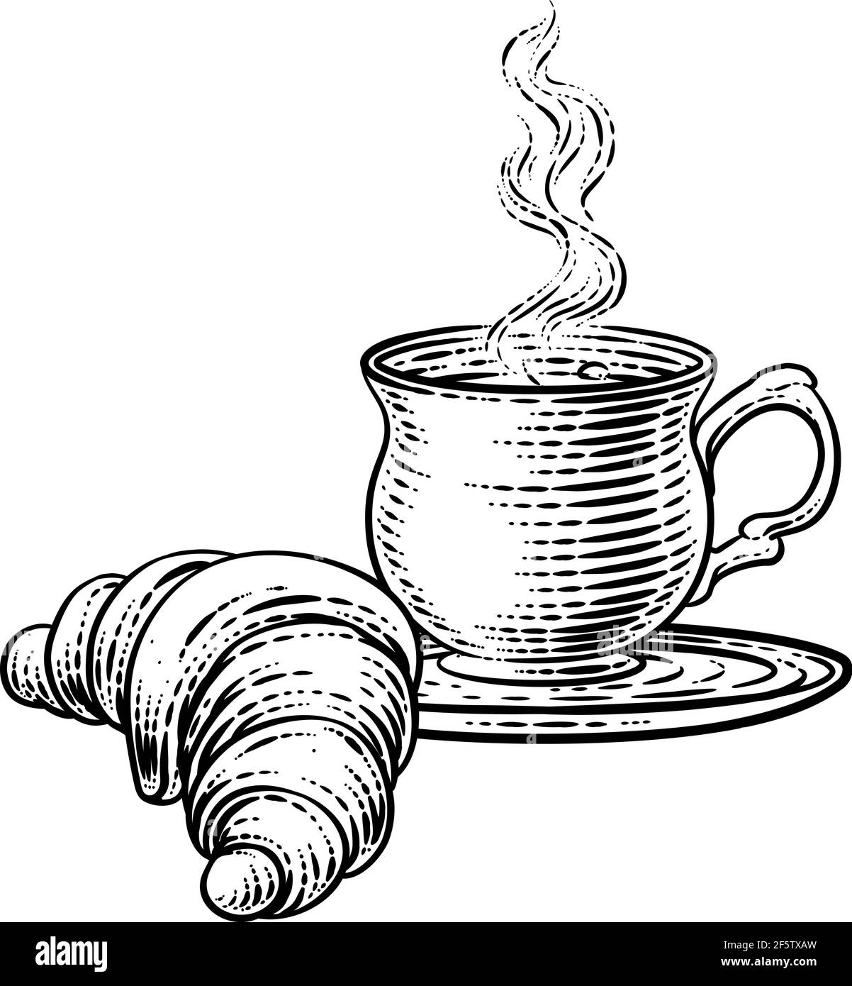 Croissant Und Kaffee Tee Tasse Becher Holzschnitt Stock Vektor