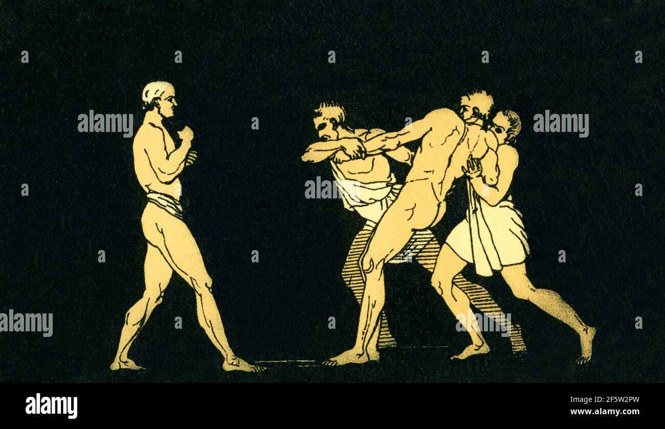 Diese Illustration von 1880s begleitete ein Buch über Homer und seine Epen, die Ilias und die Odyssee. Es zeigt die Szene in der Odyssee, als Odysseus (auch Ulysses geschrieben) sich auf den Kampf gegen den Bettler Irus vorbereitet. Odysseus' Kampf mit Irus, der auch als Arnaios bekannt ist, soll zuerst Odysseus' Fairness gegenüber einem widerlichen Herausforderer zeigen. Zweitens ist es gemein zu zeigen, dass die Freier das Konzept von xenia – Gastfreundschaft für Fremde – nicht achten, egal, wie ihr Lebensstand sein mag. Stockfoto