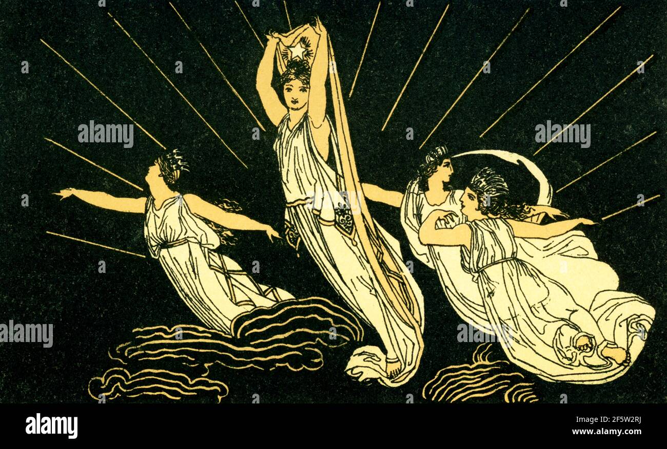 Diese Illustration von 1880s begleitete ein Buch über Homer und seine Epen, die Ilias und die Odyssee. Es zeigt Morgen, oder rosig-fingered Morgendämmerung als Homer (fl. c. 700 B.C.) nannte diese Zeitperiode und stieg mit ihren Gefährten in den Himmel. Homer, während der Odyssee und auch der Iliad, verwendet wiederholt Epithets wie rosig-gefingert, um Substantive zu ändern und zu verbessern. Rosy-fingered ist hier auch eine Metapher, da Morgendämmerung kein Mensch ist und keine Finger hat. Stockfoto