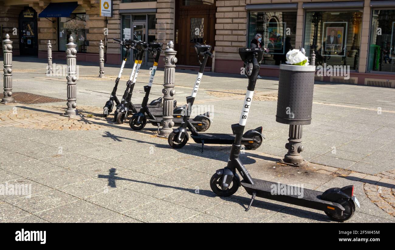 Geparkte Rollen 'Bird' an einem sonnigen Tag vor einer Bank in der Geschäftsstadt Frankfurt. Null-Emission-Konzept. Stockfoto
