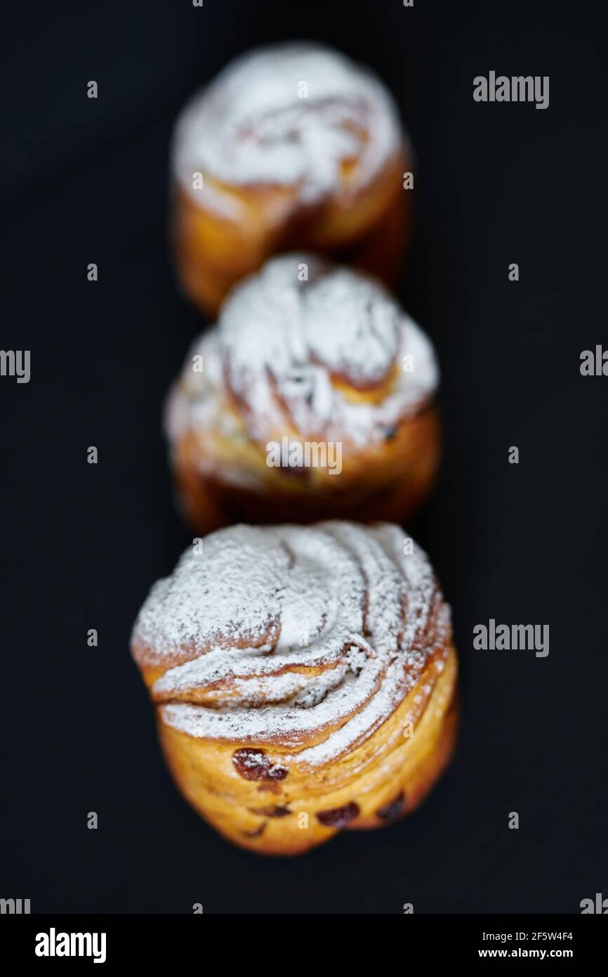 Frisches Osterkuchen oder Bäckereikonzept. Süße Cruffins mit Rosinen und weißem Zuckerpulver darauf. Schwarzer Hintergrund mit Panettone in einer Reihe. Hochwertige Fotos Stockfoto