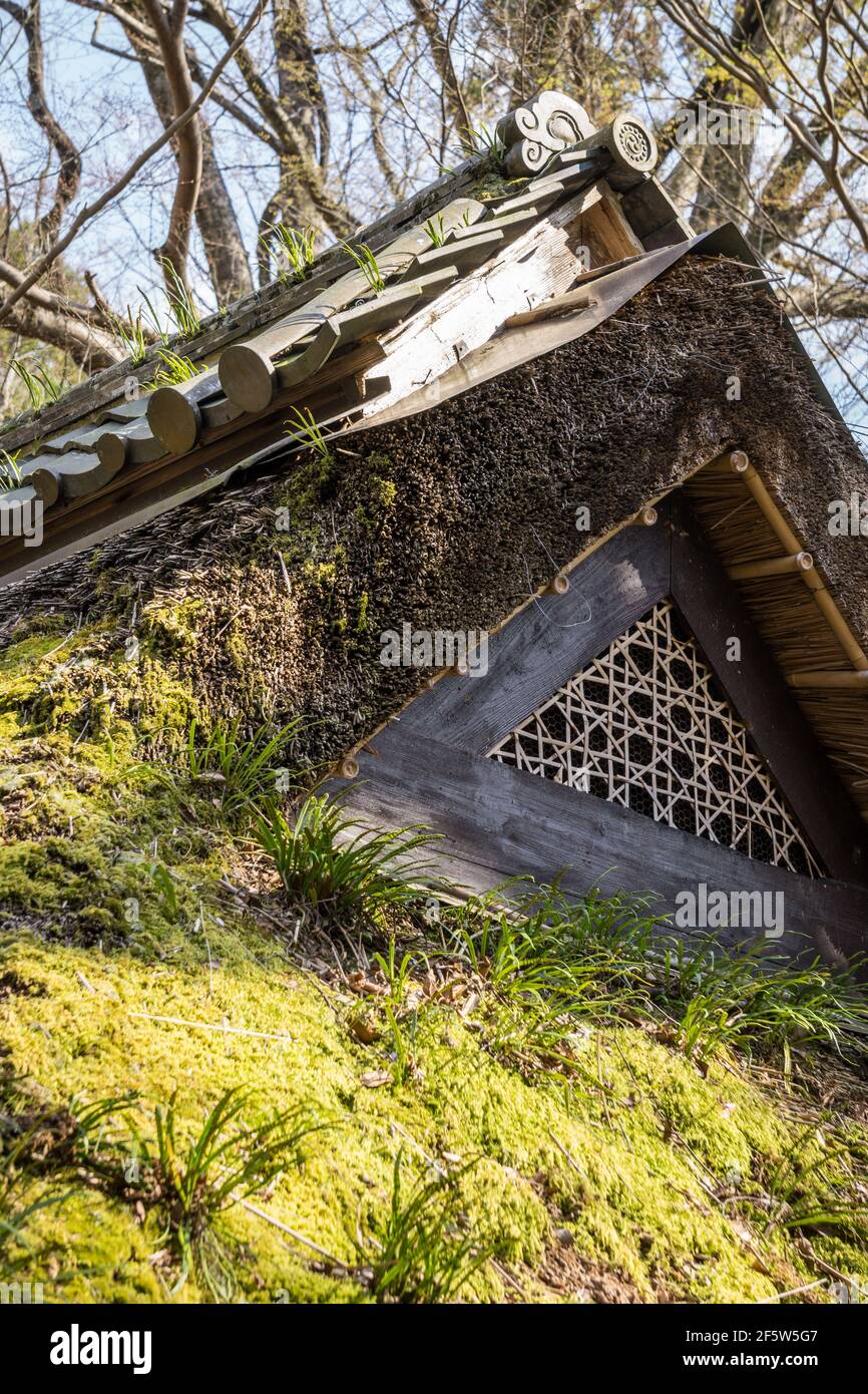 Nahaufnahme eines Gitterventilats auf einem traditionellen japanischen Strohdach aus Holz, das mit Moos bedeckt ist, auf einem alten Teehaus in Nara, Japan Stockfoto