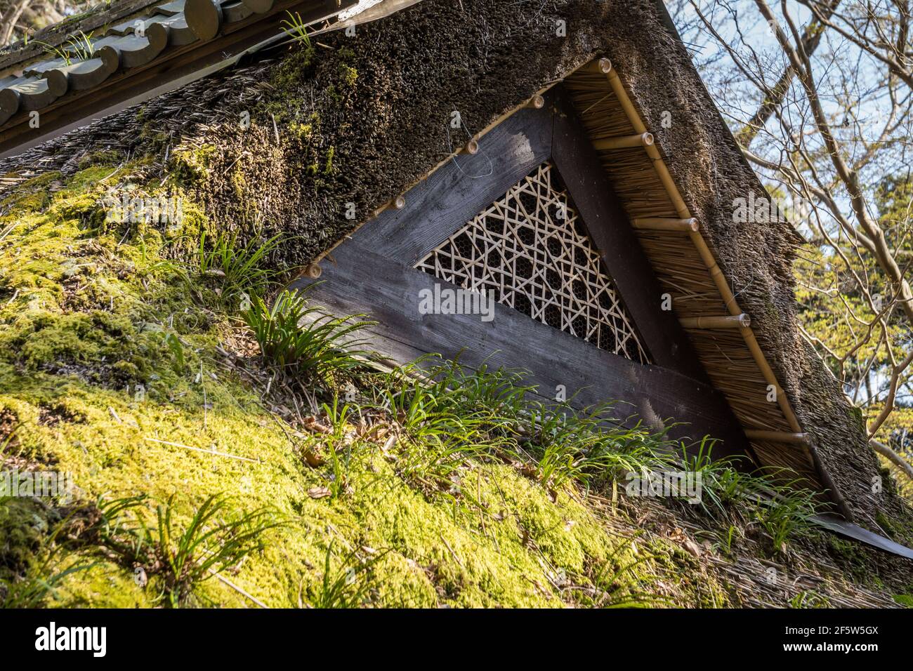 Nahaufnahme eines Gitterventilats auf einem traditionellen japanischen Strohdach aus Holz, das mit Moos bedeckt ist, auf einem alten Teehaus in Nara, Japan Stockfoto
