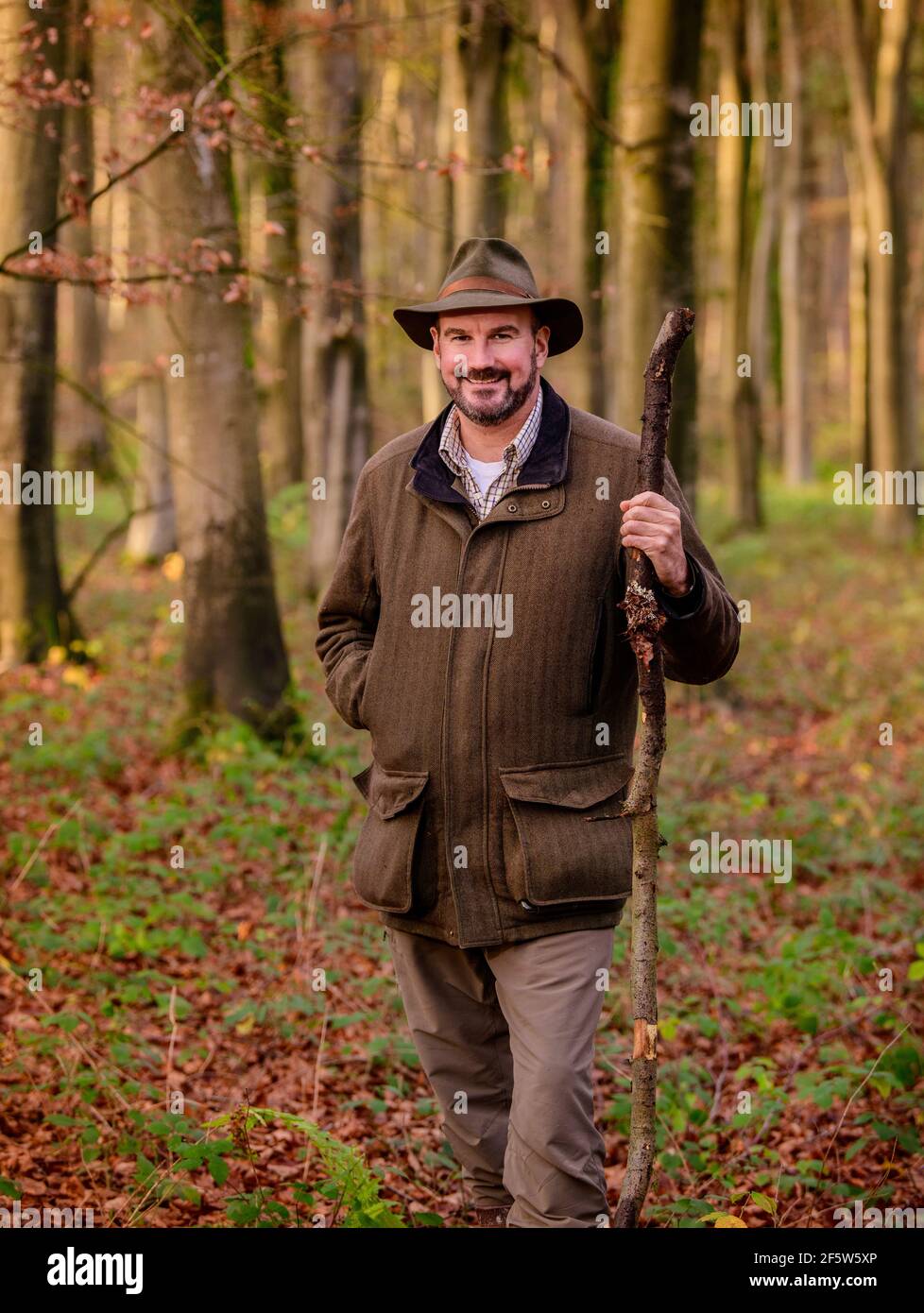 Naturnavigator Tristan Gooley vor seinem neuen Buchstart The Secret World of Weather, der in einigen seiner Lieblingswälder von West Sussex in der Nähe von Chichester, Großbritannien, spazierengeht Stockfoto