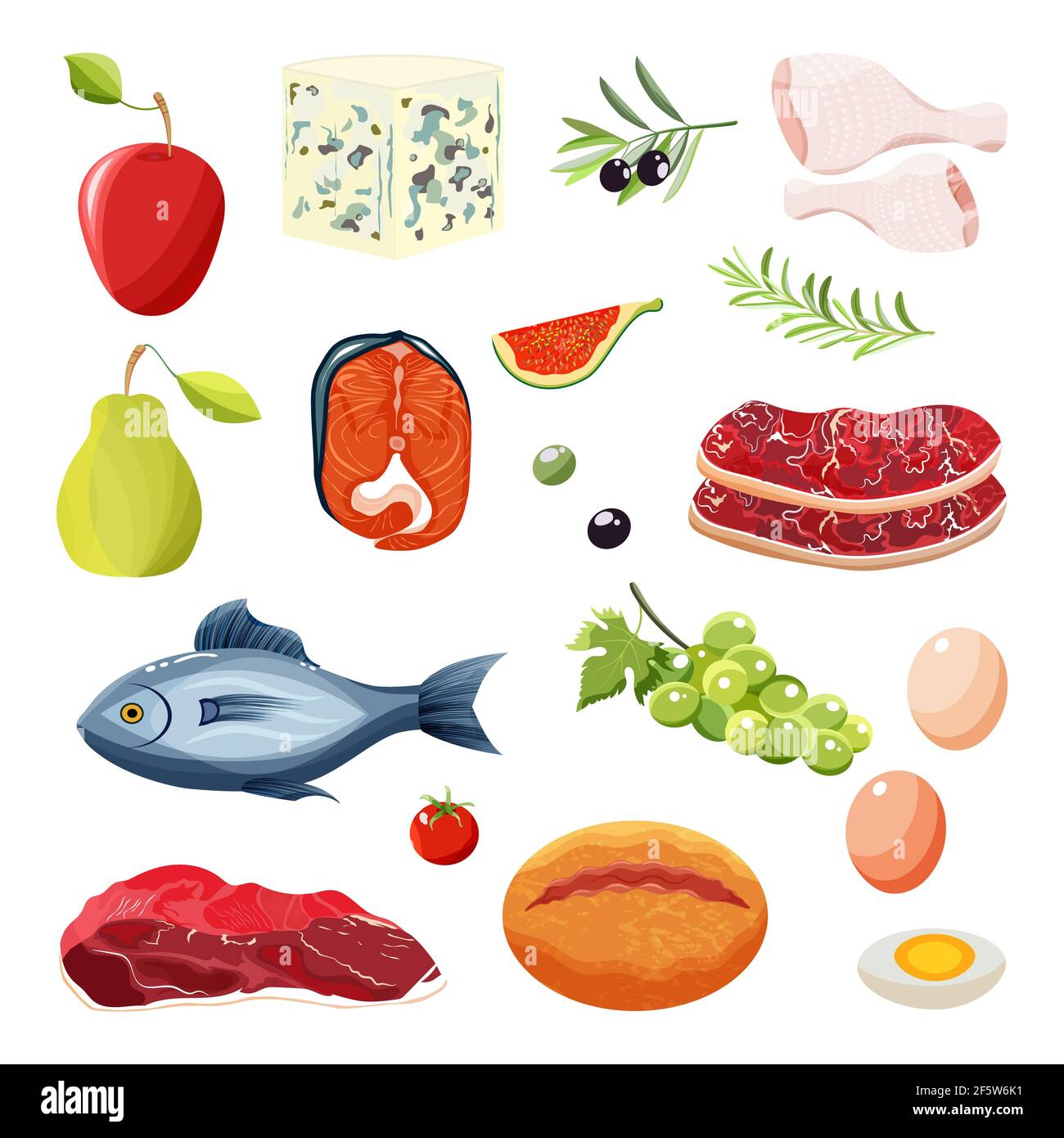 Fleisch, Fisch, Käse Obst EierMeat Produkte im Cartoon-Stil. Stockfoto