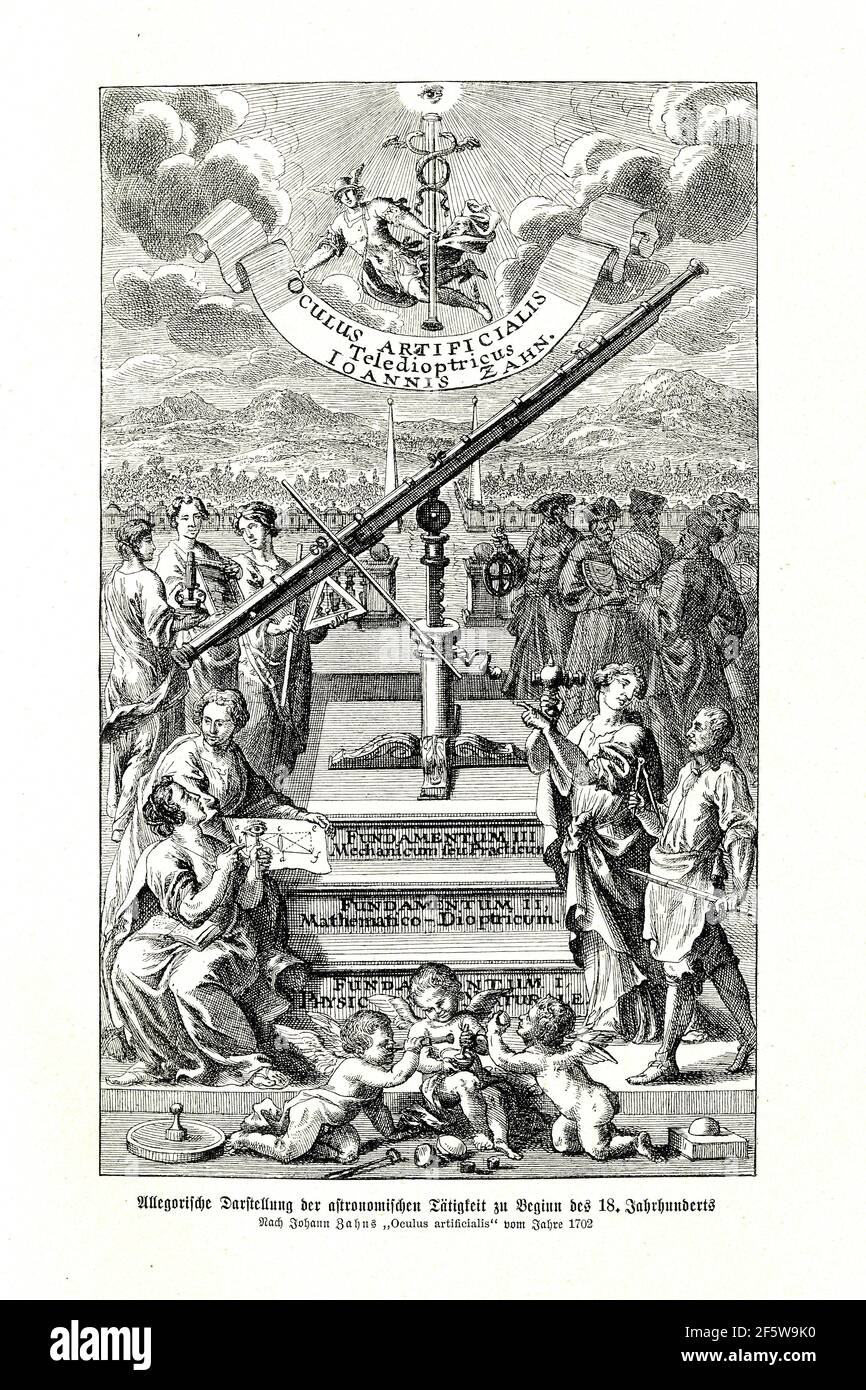 Allegorische Darstellung der astronomischen Tätigkeit zu Beginn des 18th. Jahrhunderts, nach Johann Zahn Oculus artificialis von 1702 Stockfoto