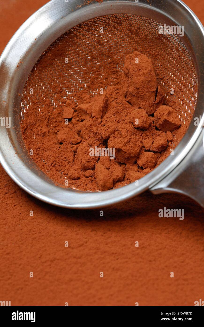 Kakaopulver im Sieb ( Theobroma cacao) Pulver Stockfoto