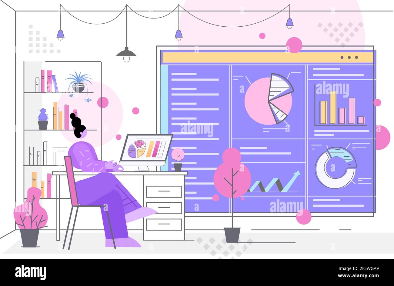 Geschäftsfrau Analyse von Diagrammen und Grafiken Datenanalyse Prozess digitales Marketing Planung der Unternehmensstrategie Stock Vektor