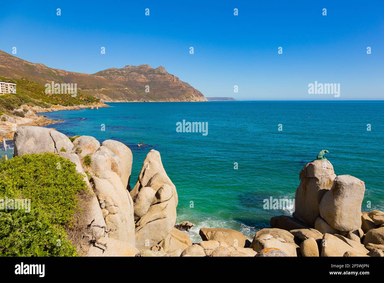Kapstadt, Südafrika - 17. März 2021: Bronze Leopard Statue auf Felsen in Hout Bay Kapstadt, Südafrika Stockfoto