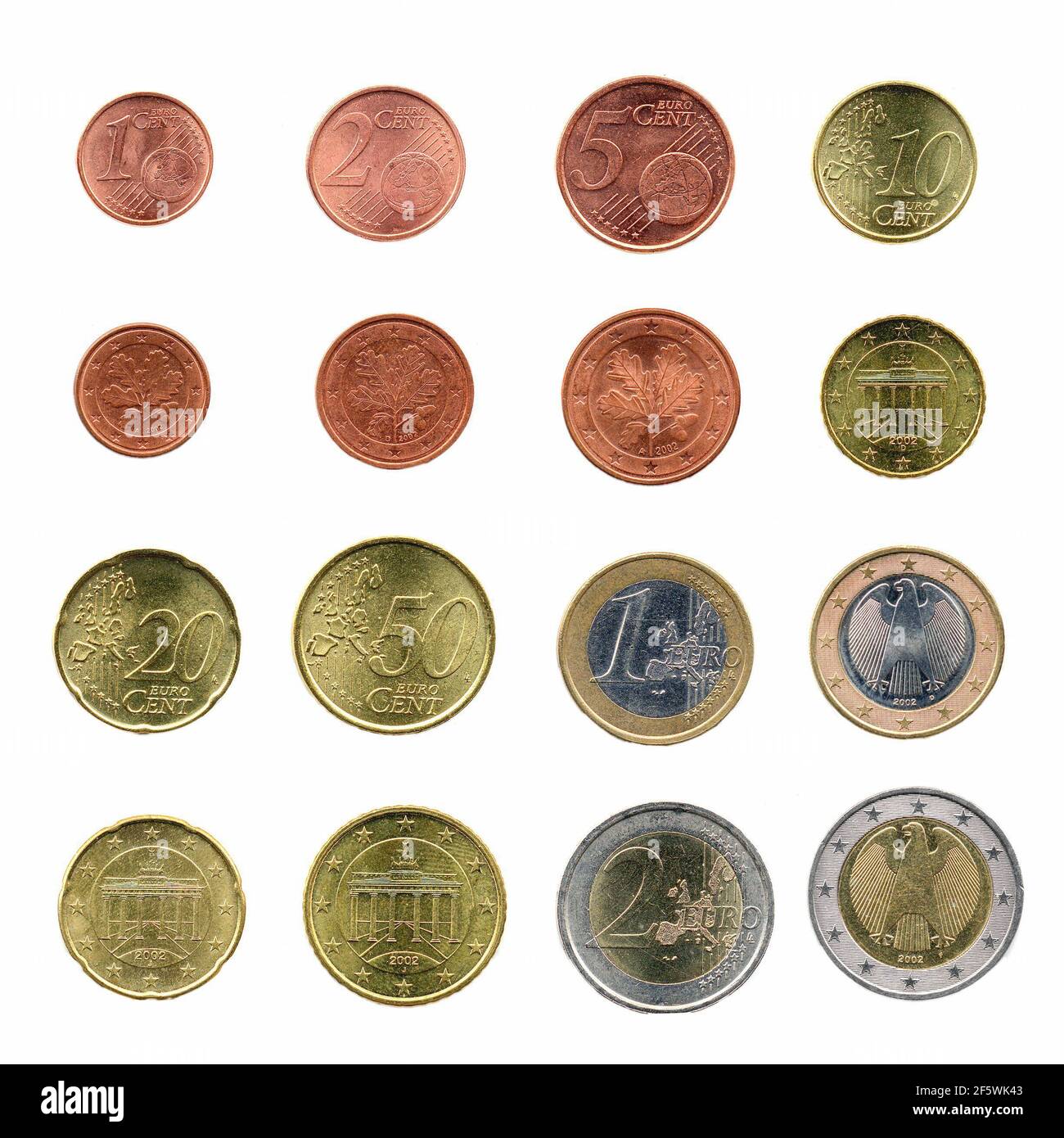 Euro Münzen Geld (EUR), Währung der Europäischen Union - vollständige deutsche Serie, Vorder- und Rückseite Stockfoto