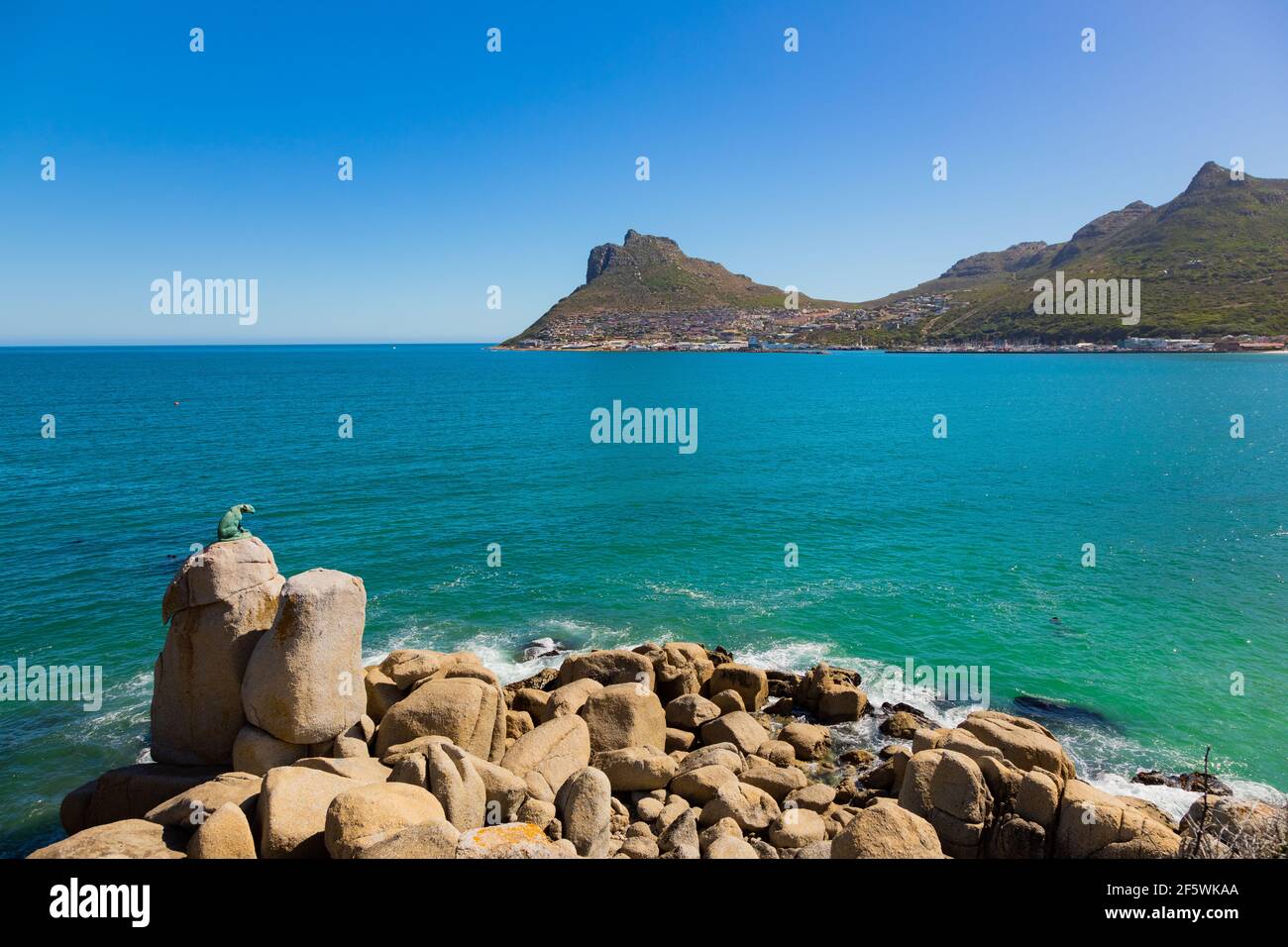 Kapstadt, Südafrika - 17. März 2021: Bronze Leopard Statue auf Felsen in Hout Bay Kapstadt, Südafrika Stockfoto