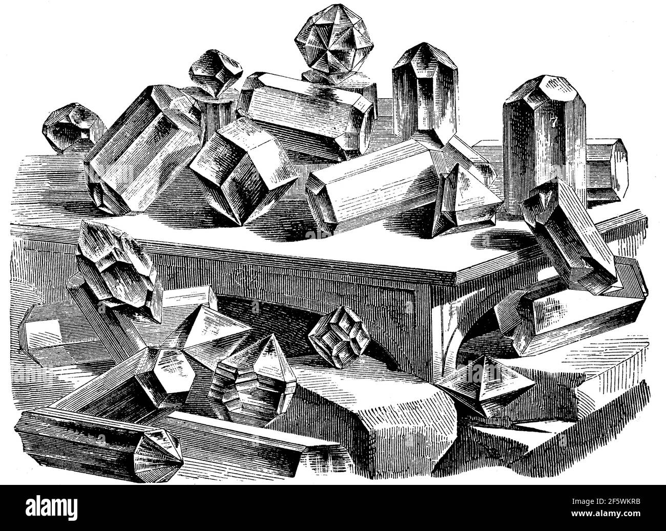 Verschiedene Kristallformen von Edelsteinen, Diamant, Korund, Smaragd, Amethyst und Bergkristall, Illustration von 1880 / verschiedene Kristallform der Edelsteine, Diamant, Korund, Smaragd, Amehyst und Bergkristall, Illustration aus 1880, Historisch, historisch, digital verbesserte Reproduktion eines Originals aus dem 19th. Jahrhundert / digitale Reproduktion einer Originalvorlage aus dem 19. Jahrhundert, Stockfoto