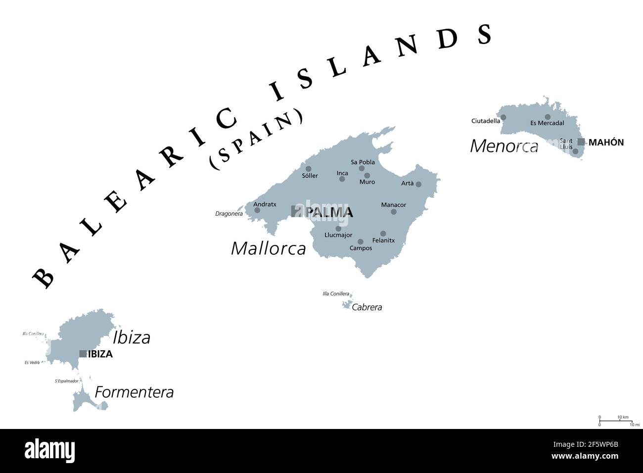 Balearen, graue politische Karte, mit den wichtigsten Inseln Mallorca, Ibiza, Menorca und Formentera. Archipel von Inseln in Spanien, Mittelmeer. Stockfoto