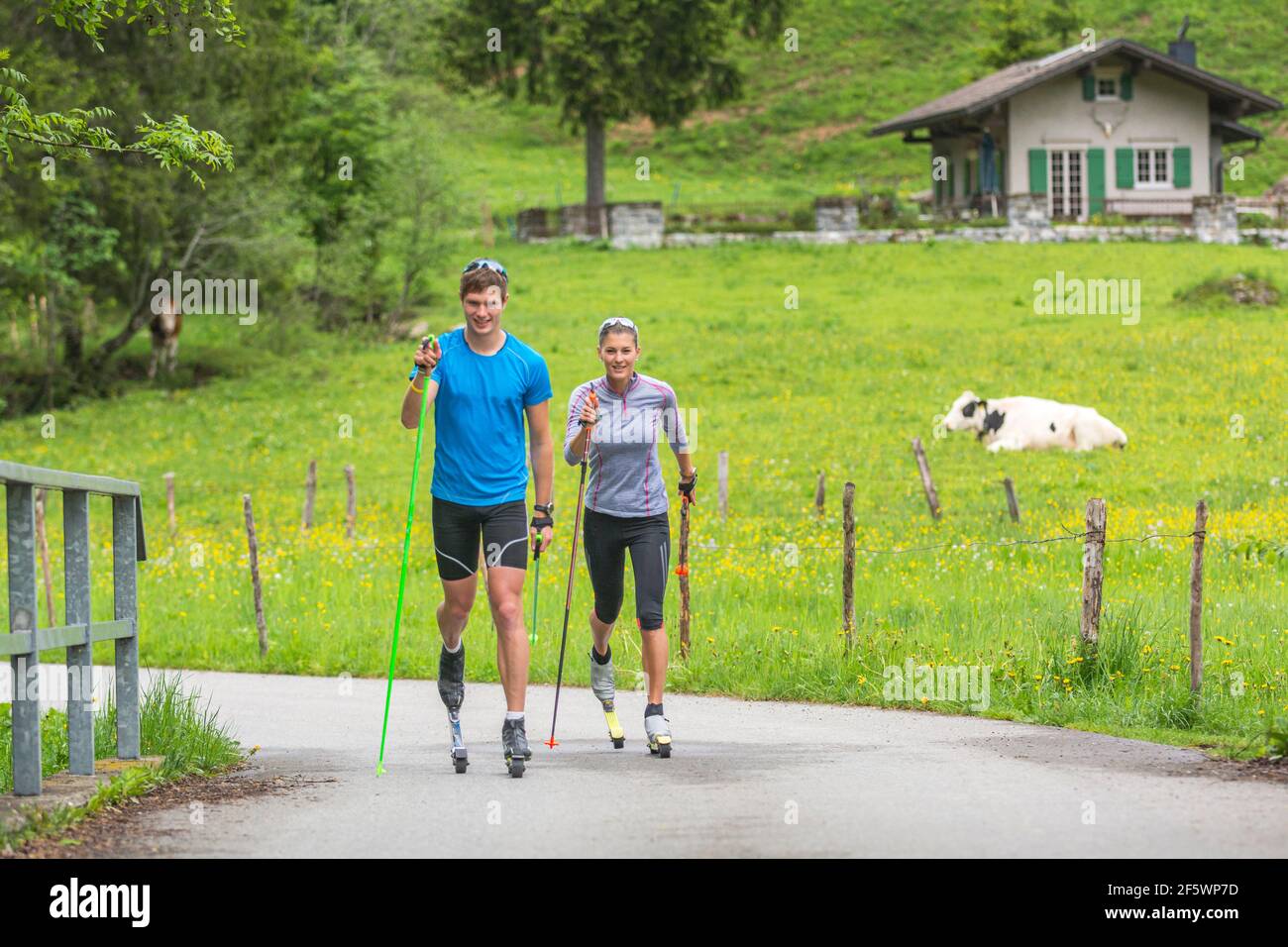 CC-Skifahrer während einer Trainingseinheit im Sommer Stockfoto