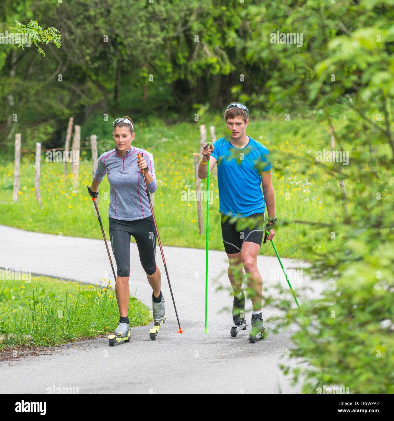 CC-Skifahrer während einer Trainingseinheit im Sommer Stockfoto