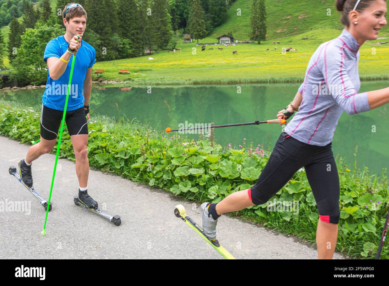 CC-Skifahrer während einer Trainingseinheit im Sommer Stockfoto