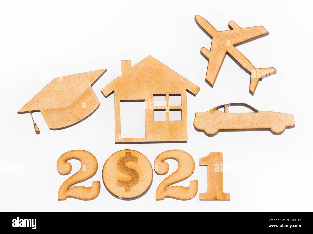 Ziele und Erfolge - Bildung, Auto, Wohnen und Reisen. 2021 Stockfoto