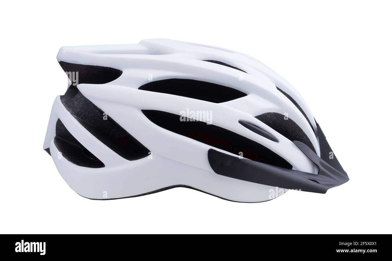 Kunststoff weiß Fahrrad Helm isoliert auf weiß. Seitenansicht. Stockfoto