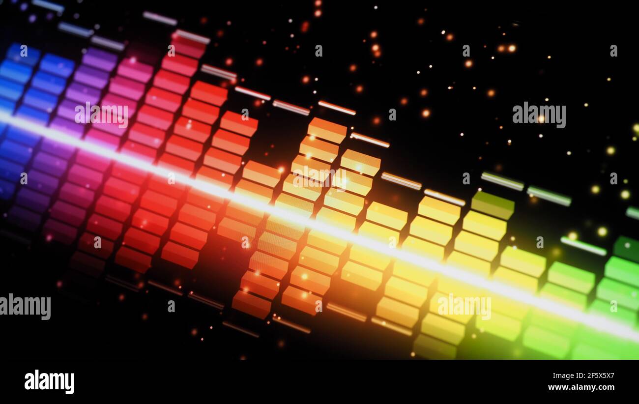Music Equalizer-Leiste. Audio-Waveform-Equalizer auf schwarzem Hintergrund. Musik oder Schallwelle auf Monitor. Bunte Sound Visualizer abstrakt. Gradient Stockfoto