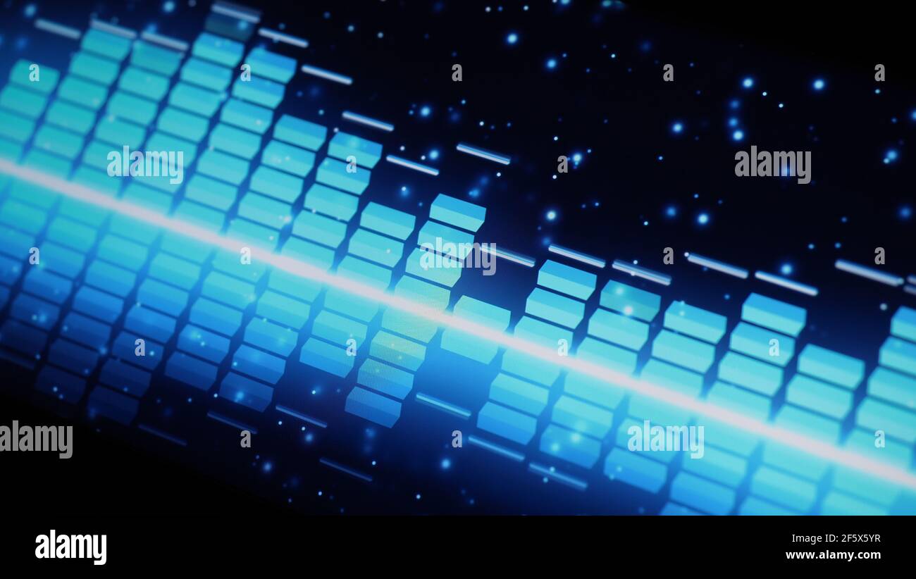Music Equalizer-Leiste. Audio-Waveform-Equalizer auf schwarzem Hintergrund. Musik oder Schallwelle auf Monitor. Bunte Sound Visualizer abstrakt. Gradient Stockfoto