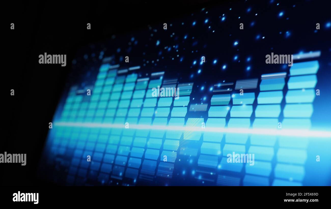 Music Equalizer-Leiste. Audio-Waveform-Equalizer auf schwarzem Hintergrund. Musik oder Schallwelle auf Monitor. Bunte Sound Visualizer abstrakt. Gradient Stockfoto