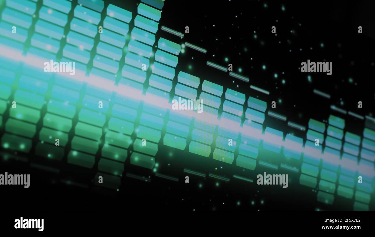 Music Equalizer-Leiste. Audio-Waveform-Equalizer auf schwarzem Hintergrund. Musik oder Schallwelle auf Monitor. Bunte Sound Visualizer abstrakt. Gradient Stockfoto