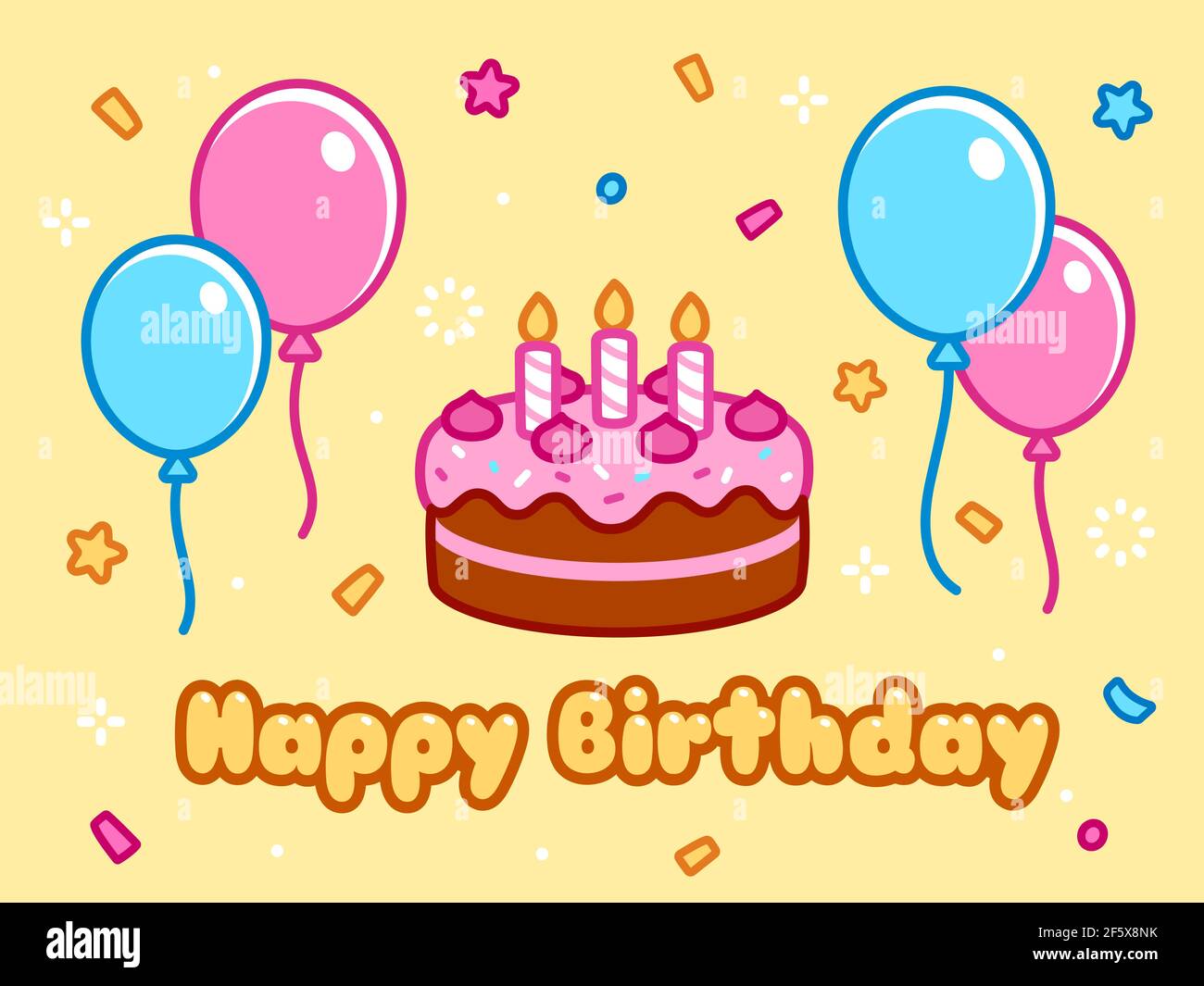 Happy Birthday Grußkarte mit Geburtstagskuchen, Ballons, Konfetti und Cartoon-Text. Cute Doodle Zeichnung, Vektor-Illustration. Stock Vektor