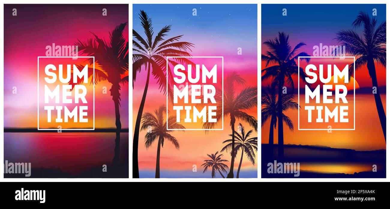Sommer tropische Hintergründe mit Palmen, Himmel und Sonnenuntergang. Plakat Poster Flyer Einladungskarte für den Sommer. Sommerzeit. Vektorgrafik Stock Vektor