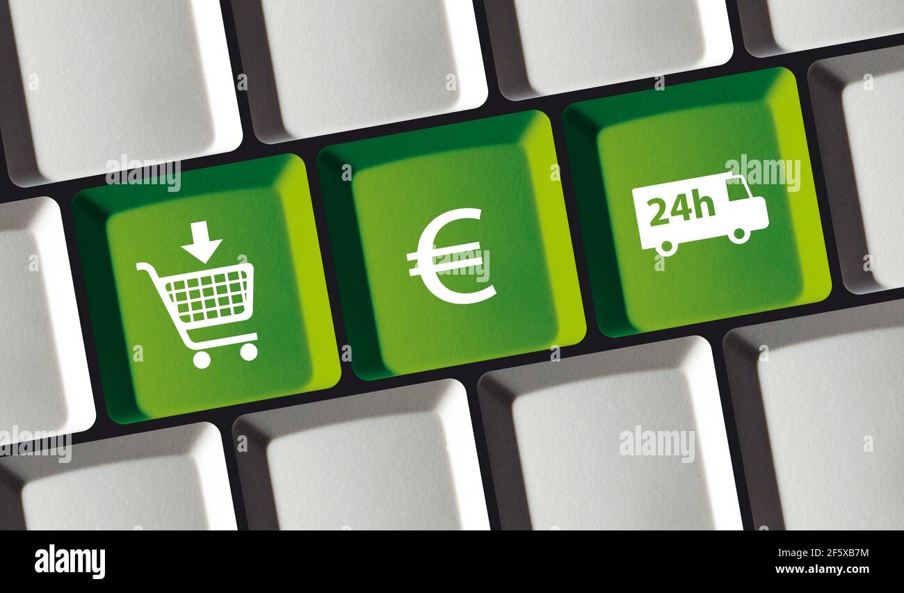 Online-Shop E-Commerce-Prinzip auf Computer-Tastatur kaufen, bezahlen, Versand Stockfoto