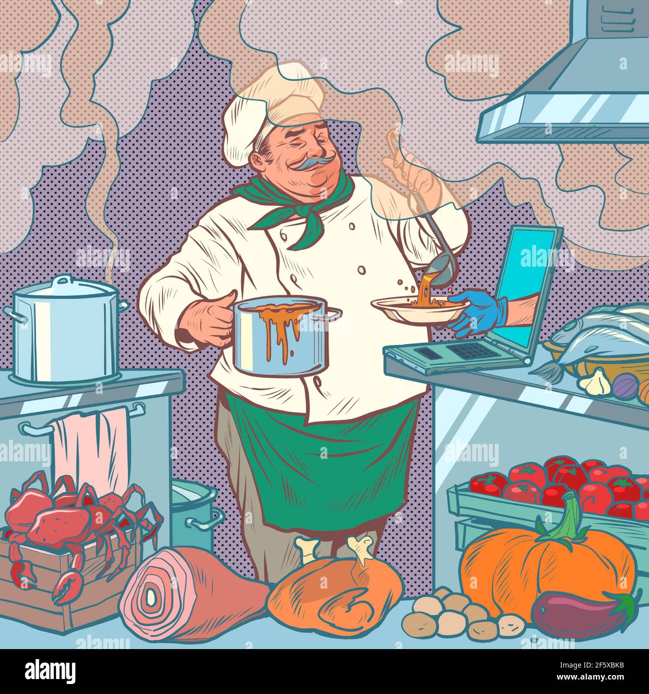 Männlicher Koch bereitet Essen zu, Online-Lieferung Pop Art Retro Illustration Stock Vektor