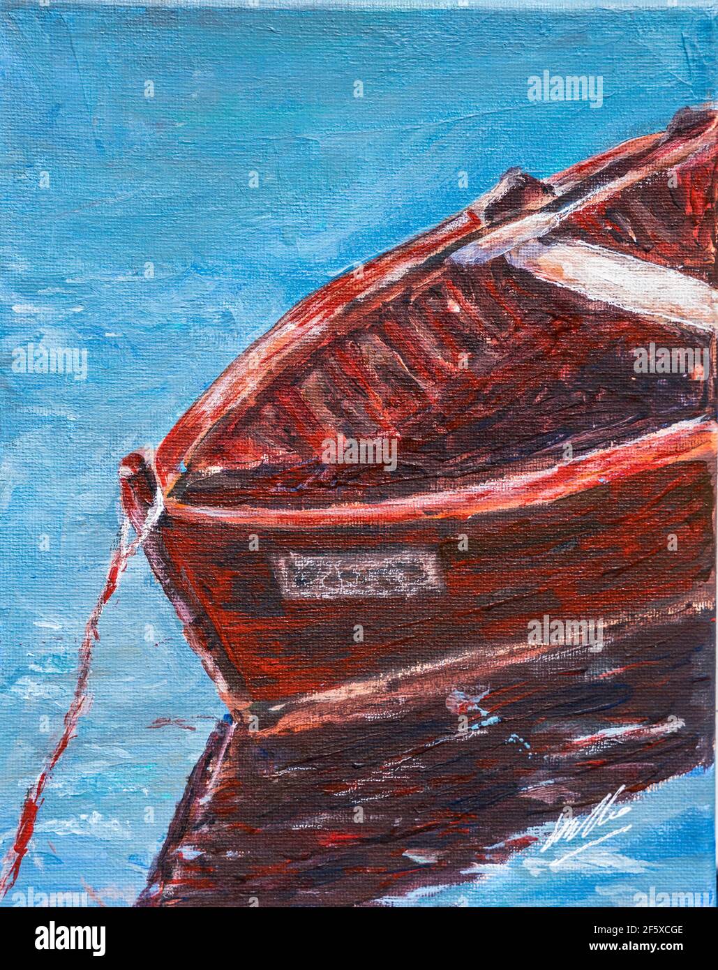 Bug eines alten traditionellen Ruderbootes festgemacht. Ein Acrylkunstwerk von Lorna Markillie. Teil einer Serie von drei 20 x 24 cm auf Leinwand Stockfoto