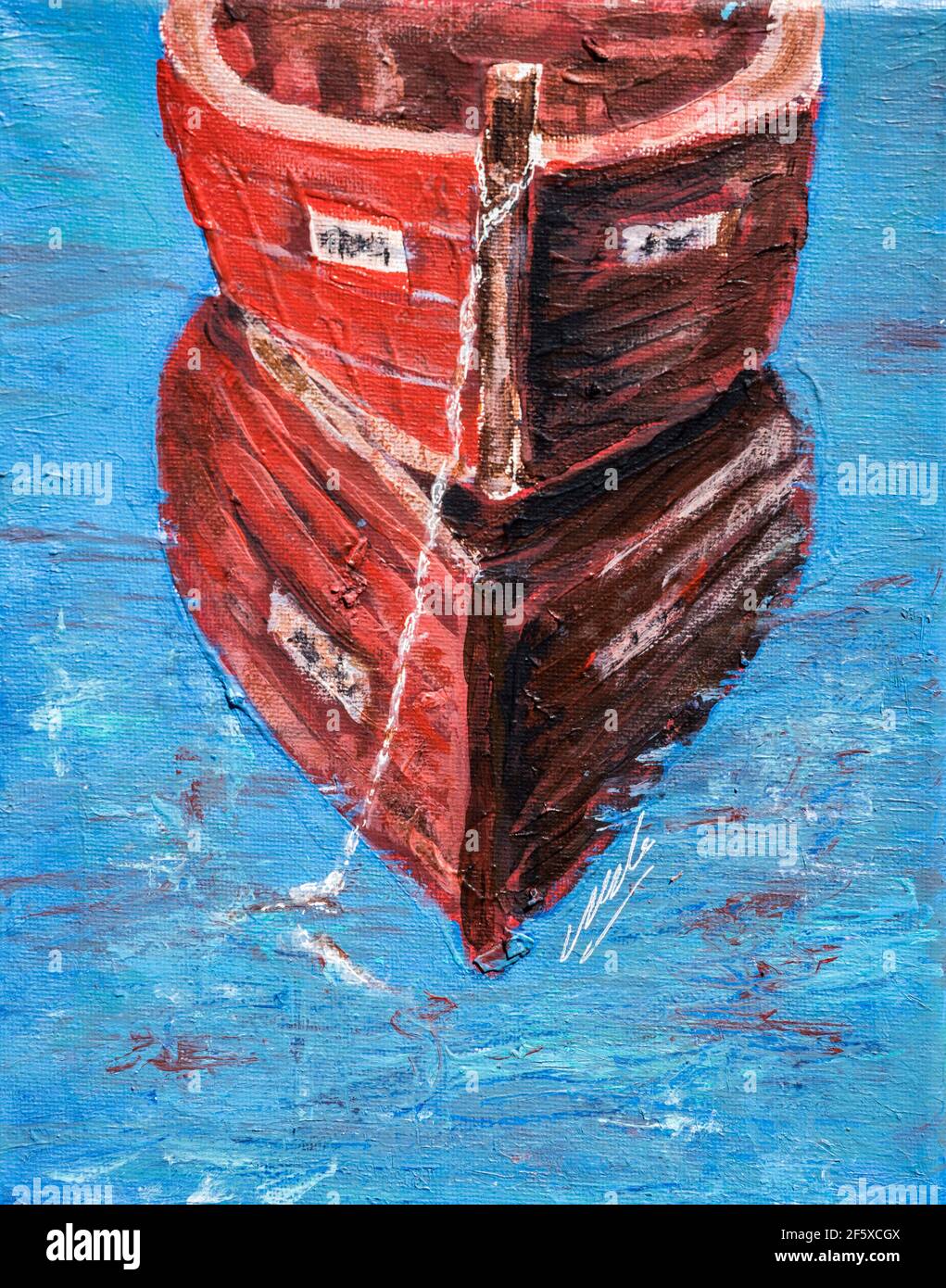 Bug eines alten traditionellen roten hölzernen Ruderbootes vor Anker. Ein Acrylkunstwerk von Lorna Markillie. Teil einer Serie von drei 20 x 24 cm auf Leinwand Stockfoto