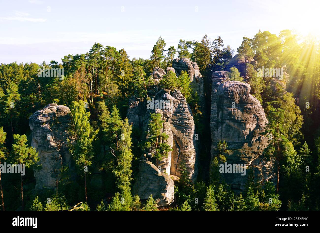 Sandsteinfelsen in Prachovske skaly, Böhmisches Paradies (Cesky Raj), Tschechien. Stockfoto