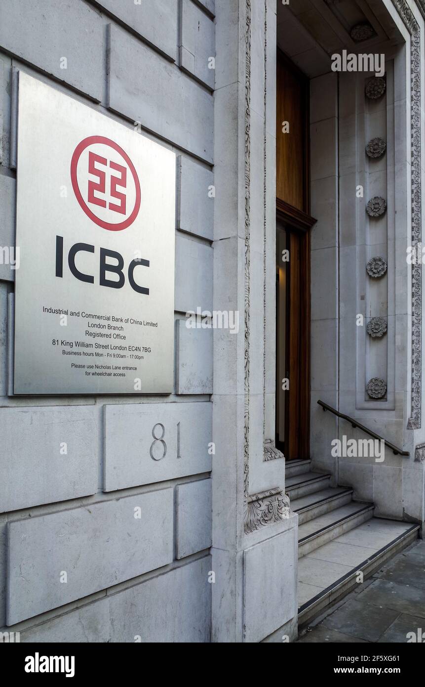 ICBC Bank London - Industrial and Commercial Bank of China Limited London, 81 King William St, City of London Financial District. Chinesische Bank London. Stockfoto