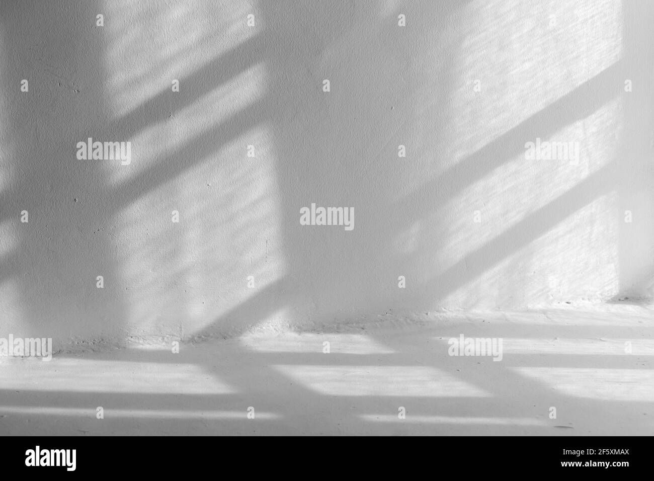 Leeres weißes Rauminnere mit Schattenmustern an Wand und Boden. Abstrakte Hintergrund Foto Textur Stockfoto
