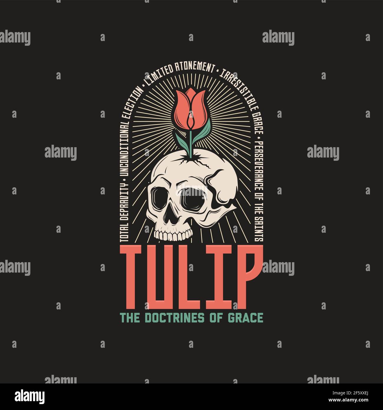 TULIP - die Lehren der Gnade. Die wichtigsten fünf Punkte des Calvinismus. Stock Vektor