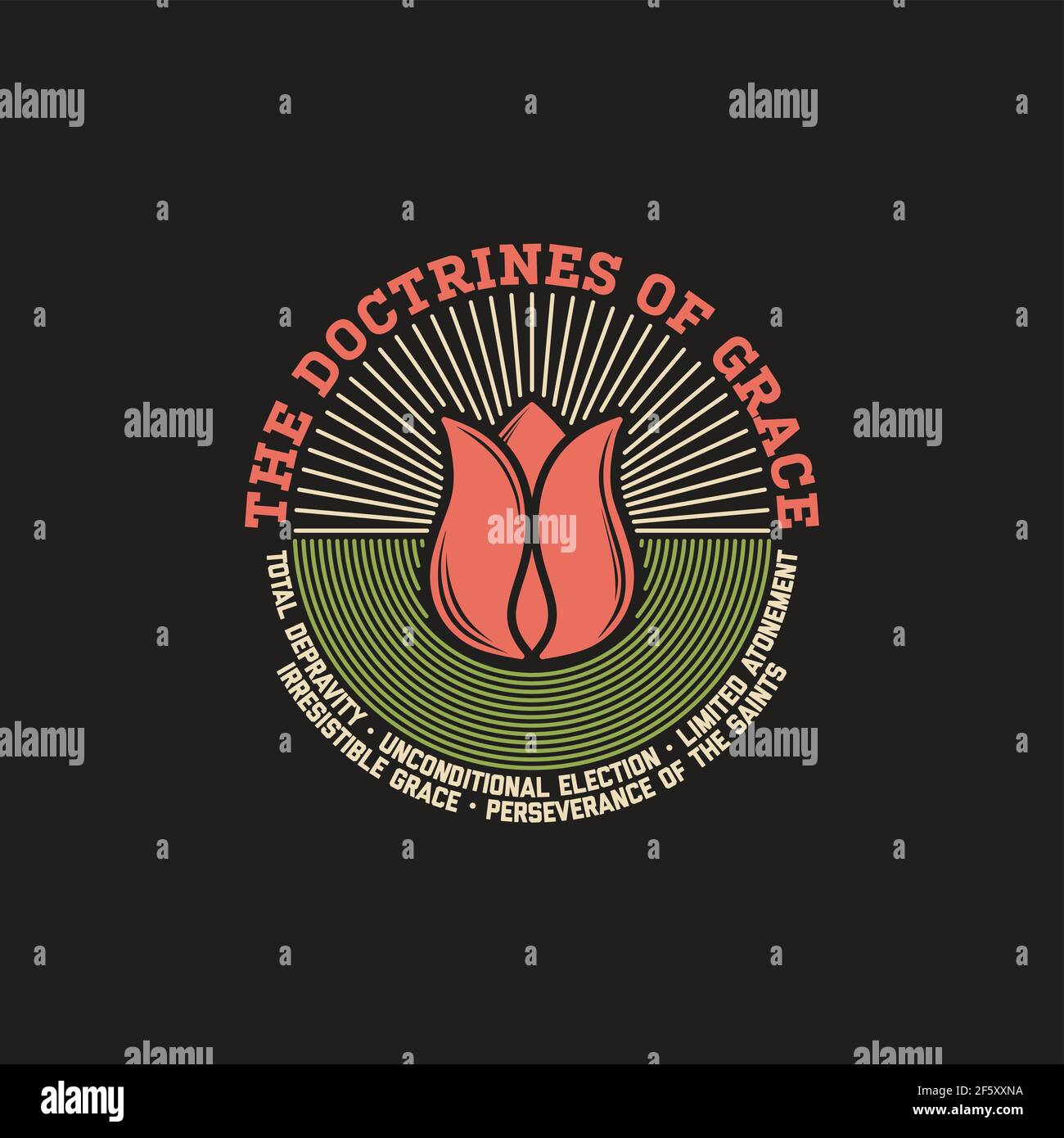 TULIP - die Lehren der Gnade. Die wichtigsten fünf Punkte des Calvinismus. Stock Vektor