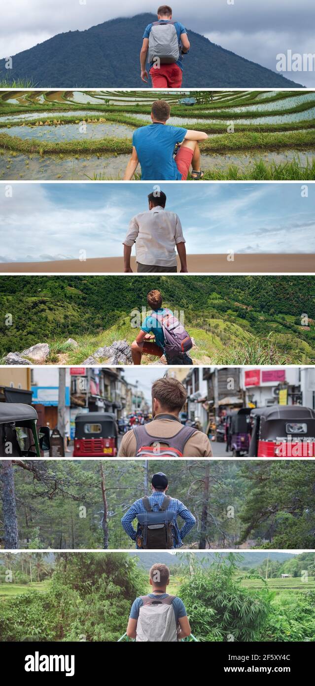 Collage mit männlichem Reisenden mit Rucksack zu Fuß in desrt, Wald, Reisplantage, auf Hügel. Reise um die ganze Welt Konzept. Stockfoto