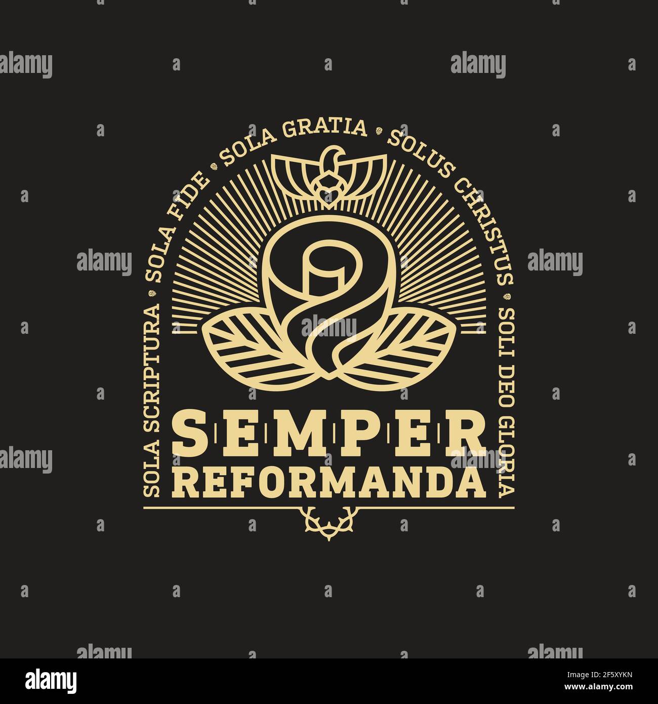 Christliche Illustration. Die Kirche muss immer reformiert werden. Die wichtigsten fünf Punkte des Calvinismus. Stock Vektor